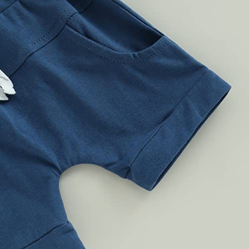 Toddler Baby Boy Summer Clothes Contrast Color Crewneck T Shirt Tops Elastic Solid Infant Shorts Cute Newborn Outfit Dark Blue Light Blue #TOP6