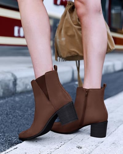 Coutgo Womens Pointed Toe Ankle Boots Chunky Block Stacked Heel Side Zipper Chelsea Fall Booties3