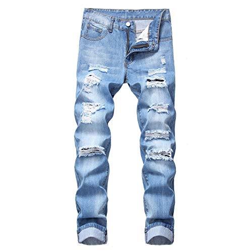 Men's Ripped Slim Fit Jeans, Distressed Straight Leg Denim with Stretch, Casual Streetwear Biker Style