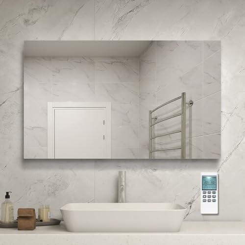 byecold Infrared Heated Mirror with thermostat, 580W Electric Heating Bathroom Vanity Mirror with Remote Control Wall Mounted WaterprooF/Anti-Fog - 1000x600mm