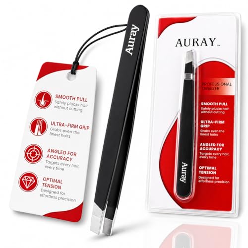Eyebrow Tweezers Stainless Steel Facial Hair Removal Tweezers for Men & Women in Black with Slanted Tip for Easy Plucking by AURAY