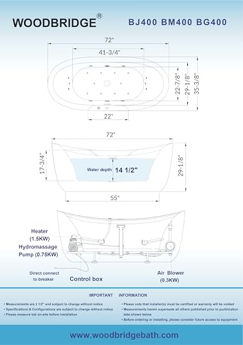 WOODBRIDGE 72" x 35-3/8" Whirlpool and Air Bath Heated Soaking Combination Tub with Adjustable Speed Air Blower and Display Control Panel, Brushed Gold Finish Trim and Drain Kit, BG400
