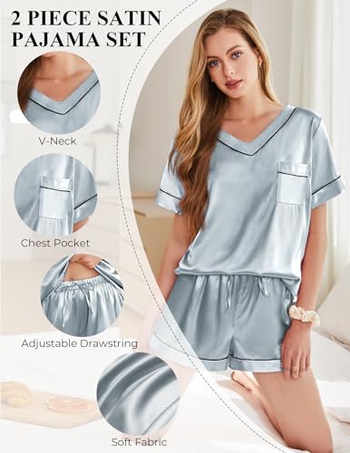 Image of Silk Pajamas for Women Short Sleeve Satin 2 Piece Pj Set Soft V Neck Sleepwear Loungewear, S-XXL