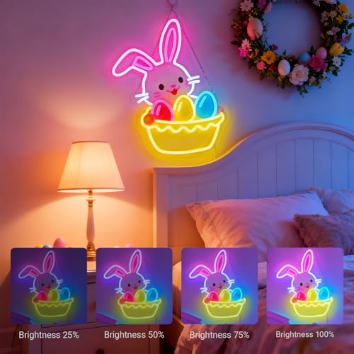 Image of Easter Egg Basket Neon Sign with Bunny - Rabbit Holding Basket Wall Decor, 10-Level Dimmable LED Light, USB Powered Easter Basket Stuffers Gift, 15.7 inchx12.6 inch