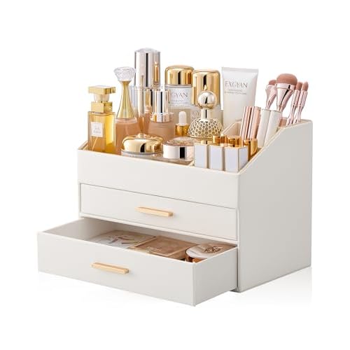 Lolalet Makeup Organizer for Vanity Desk, 3-Layer PU Leather Luxury Make Up Storage Cosmetics Holder Box with Drawers -Cream Cream 3-Layer