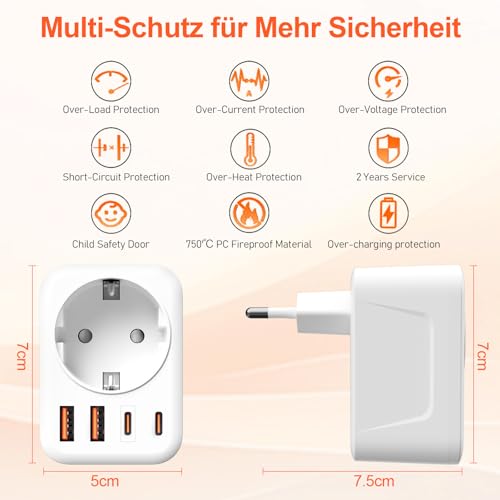 Denlane Adapter Italien Steckdose, 5 in 1 Reiseadapter Italien mit 1 AC & 2 USB-C & 2 USB-A(3.4A), 3-Polig Italien Stecker Adapter für Chile, Uruguay, Äthiopien, Eritrea, Syrien, Reisestecker Typ L