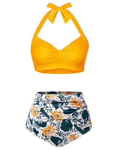 Image of Holipick Women High Waisted Bikini Set Two Piece Swimsuit Tummy Control Bathing Suit Vintage Halter Swimwear