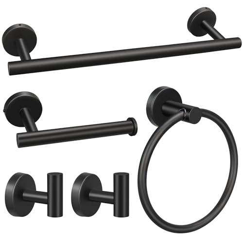 Bathroom Hardware Set, 5pcs Matte Black Stainless Steel Bathroom Hardware Set, Bath Hardware Set Including 16" Hand Towel Bars, Toilet Paper Holders, Towel Rings, Robe Towel Hooks