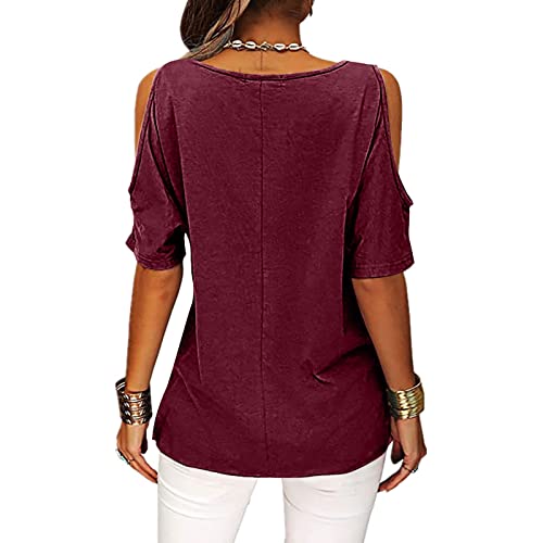 Blusa feminina casual de verão, cor lisa, gola redonda, manga curta, frente cruzada, 1 vinho, G
