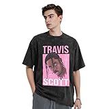 Unisex Scott Rapper Music Travis T-Shirt Baumwolle T-Shirt Antik Waschverfahren Abgesenkte Schulter Kurzarm für Büro Wochenenden und sportliche Aktivitäten