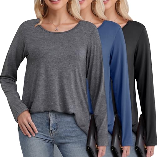 FEQO 3 Pack Women's Long Sleeve Shirts Long Sleeve Tops Loose Fit Casual Fall Tops Scoop Neck Shirts