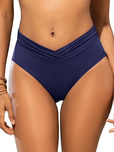 Image of SHEKINI Swim Bottom for Women High Waist Bikini Briefs Full Coverage V Cut Cheeky Ruched Twist Front Plus Size Swimwear Bathing Suit Blue