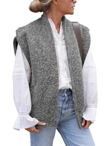 Lviefent Womens Brushed Vest Faux Fur Cap Sleeve Open Front Gilet Sleeveless Jacket Outwear with Pockets (DarkGrey-M)