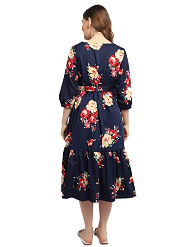 Image of Women's Crepe Maternity Midi Dress /Floral Print Pregnancy Dress /Easy Breast Feeding /Breastfeeding Dress /Western Dress with Zippers for Nursing Pre and Post Pregnancy