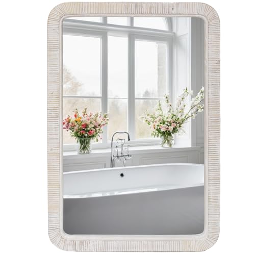 FUIN 20" x 30" Rattan Wicker Rectangle Wall Mounted Bathroom Mirror for Coastal Boho Nursery Decor, White Wash
