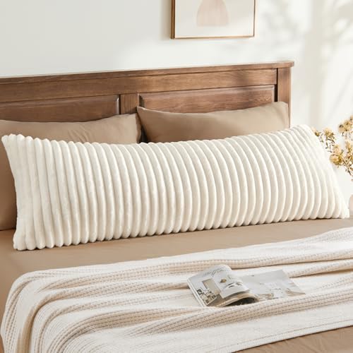 BEDELITE Fluffy Faux Fur Body Pillow Cover with Zipper Luxury Plush 3D Striped Pillow Cover 20x54 Inches Super Soft and Cozy Long Body Pillow Pillowcase for Bed Sofa Couch Room Decor(Cream White)