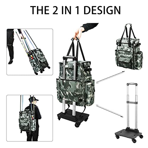 Rolling Fishing Tackle Bags With 4 Rod Holders, Large Fishing Backpack With Removable Wheels And Fishing Cart With Tackle Included, Fishing Gifts For Men, Waterproof Fishing Organizer Pack With Rod Case #TOP1