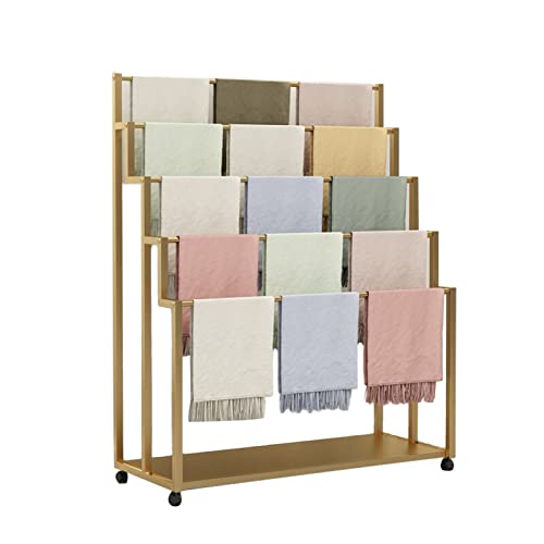 UWYTGF Metal Iron Scarf Holder with Wheels,5-Layer Silk Scarf Shawl Blanket Commercial Display Rack,Clothing Retail Store Floor-Standing Sheets Belt Ties Suit Pants Hanging Rack,Gold,L100*W40*150Cm