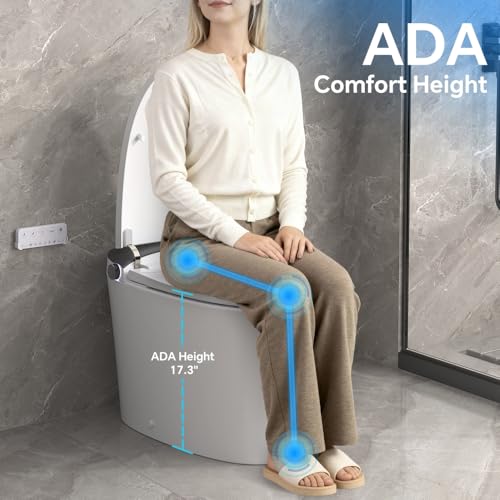 Inodoro inteligente bidé altura ADA con asiento alargado calefaccionado, doble descarga potente, lavado frontal y trasero multi-modo, 4 niveles de temperatura y presión de agua, secador de aire cálido, cerámica fácil de limpiar, plateado/blanco miniatura 3