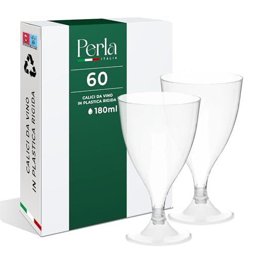 Perla - 60 Calici da Vino in Plastica Rigida Trasparente180ml - Bicchieri Resistenti e Riutilizzabili - Bicchiere Calice Vino per Compleanni - Matrimoni e Feste