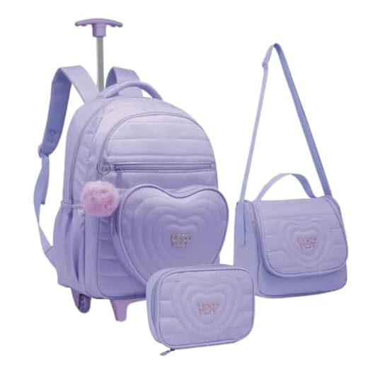 Kit Mochila com Rodas e Costas Estojo Box e Lancheira Coração Fashion Escolar Lilás