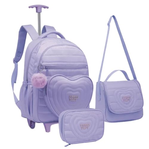 Kit Mochila com Rodas e Costas Estojo Box e Lancheira Coração Fashion Escolar Lilás