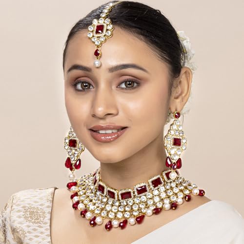 Image of Peora Crystal Choker Necklace with Maang Tikka Earrings Indian Traditional Bridal Wedding Jewellery Set for Women
