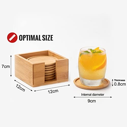Rainsworth Bamboo 10cm Coasters, Set of 8 Round Drinks Coaster Mat for Coffee Beer Mug Wine Glass Bottle, Protection Tabletop, Warm Gift for Home & Office Decor