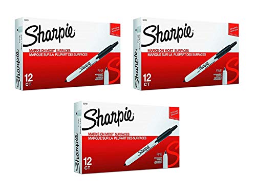 Sharpie 32701 Retractable Fine Tip Marker Set, Black, Permanent Ink, Intensely Brilliant Color, Resilient Ink Resists Both Fading and Water, 12 Markers per Box, Set of 3 Boxes, 36 Markers Total