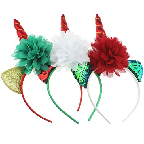 FUNZZY Christmas Unicorn Headband Creative Flower Hair Hoops Sequins Photo Props Christmas Party Supplies 3 Pcs
