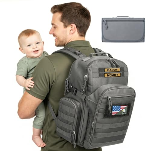 MIRACOL Dad Diaper Bag Military - Tactical Baby Backpack with Changing Pad for Outdoor Baby Care - Water-Resistant Fabric & MOLLE System Ideal for Travel Hiking Parks Grey