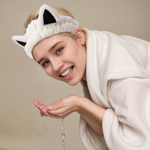 Waliah 2 Pcs Cat Ears Headband, Cute Spa Headbands for Washing Face Skincare Makeup Headbands for Women Girls Trendy Stuff Present Soft Coral Fleece Hair Accessories(Beige Khaki)