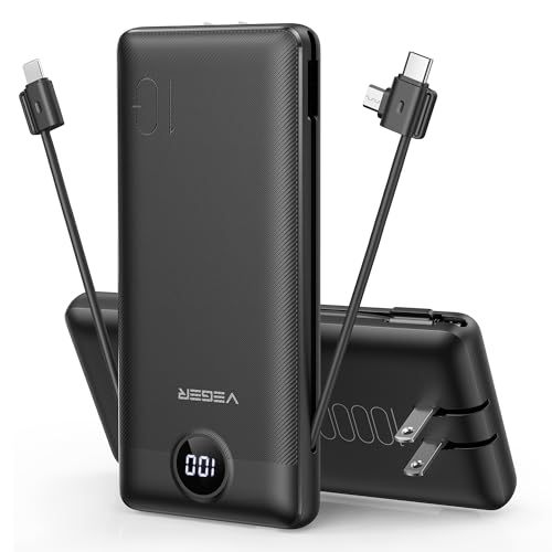 VEGER Portable Charger Power Bank with Built-in AC Plug and Cables All in One 10000mAh Ultra Slim Travel Essentials Fast Charging Battery Pack Compatible with iPhone Samsung Android Black