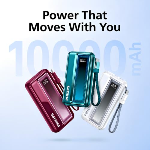 Image of Philips 10000mAh 30W Max Fast Charging Power Bank (Dark Slate) with Built-in Cable | Type-C Input /Output | 3 Output Ports | Lithium Polymer | Portable for Mobile, Tablet & Earbuds