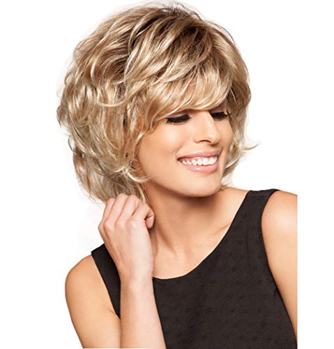 Royalfirst Kurze, leicht gelockte Perücken für Frauen, blondes Haar, hitzebeständige Perücke mit 1 Perückenkappe Cover