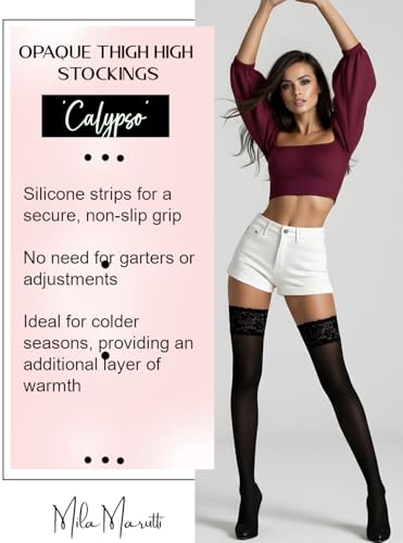 Mila Marutti Opaque Thigh High Stockings for Women | Lace Top Thigh High Tights | Pantyhose Nylons - Made in EU3