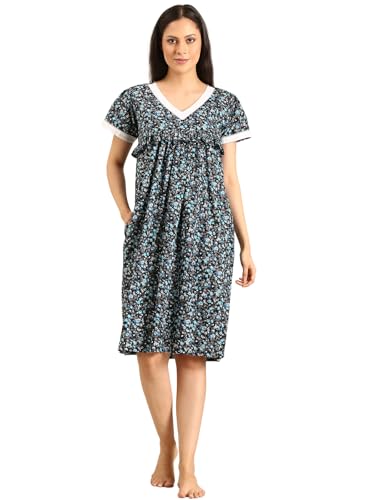 Image of Rupa Jon Aishwarya Women Short Printed Nighty in Premium Cotton Blend Fabric, Midi Length, Night Dress, Three-Fourth Length for Comfortable Everyday Wear