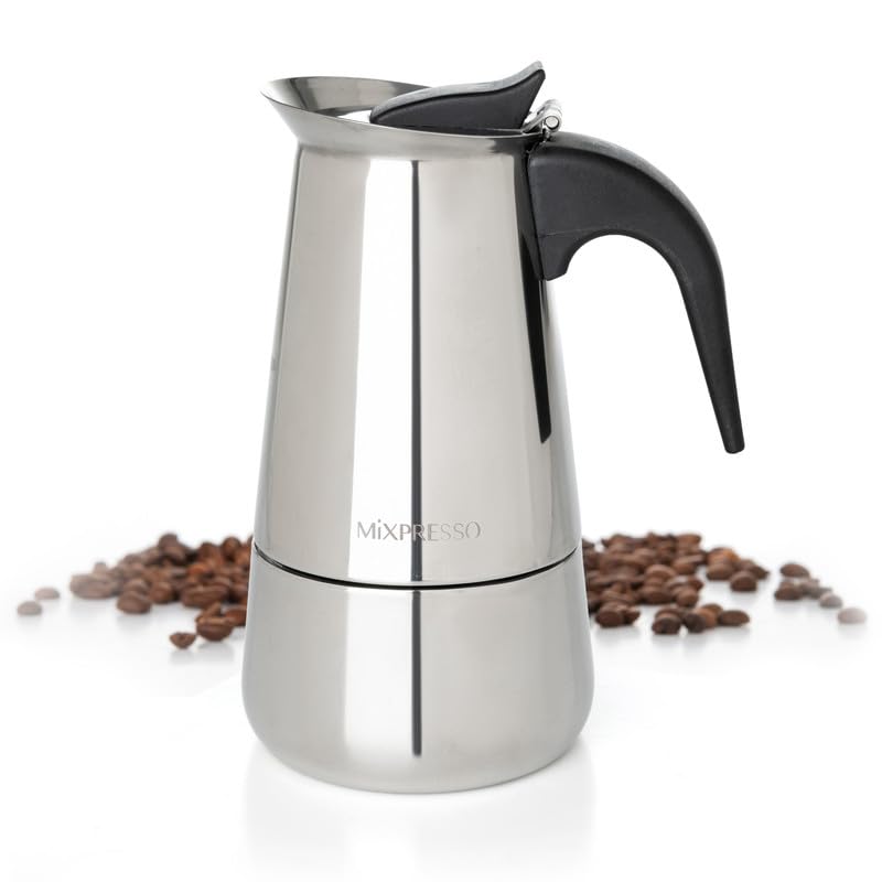 Mixpresso 4 Cup Greca Moka Pot, Stainless Steel Stovetop Espresso Maker