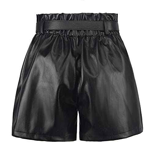 RAMISU Women's Casual Faux Leather Shorts High Waisted Elastic Band Belted Shorts Flared Leg Faux Leather Shorts Black S - Image 4