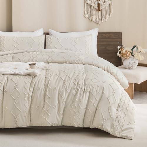 Image of Andency Beige Tufted Comforter Set Full(79x90Inch), 3 Pieces(1 Boho Comforter, 2 Pillowcases) Textured Farmhouse Bed, Soft Down Alternative Geometric Bedding Set