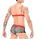 FYMNSI Herren Sissy Dessous Männer Unterwäsche Set Crossdresser Transparent Spitzen BH Top String Tanga Slip mit Lange Strümpfe 3tlg Reizwäsche Erotik Unterhose Nachthemden Negligee Schwarz + Rot 3XL