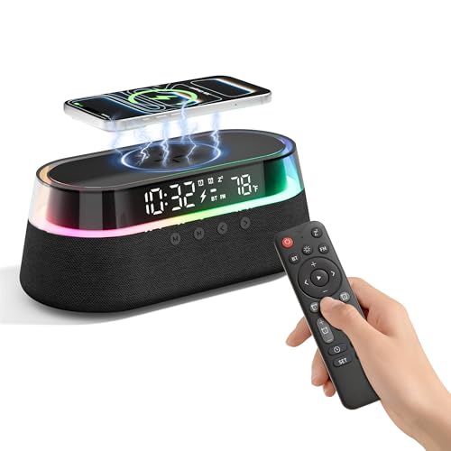 Image of 6-in-1 Bluetooth Speaker Alarm Clock with Remote, FM Radio & Dimmable LED Night Light, 15W Fast Wireless Charger, Dual Digital Clock for Bedroom Home Office, Ideal Gifts for Him, Men Women