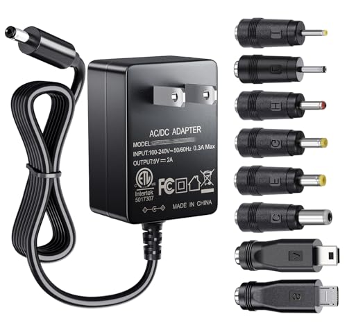 SoulBay 5V 2A Power Supply Adapter 10W AC100-240V to DC 5 Volt 2Amp Versatile Charger Cord with 8 Plugs for USB Hub TV Box Tablet Camera Speaker GPS Webcam Router and More 5vdc Electronics 5FT