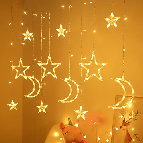 HYWHUYANG Star Moon Curtain String Lights,126 LED Romantic Star Moon Curtain String Lights with 2 Modes,Battery Powered (Not Included) String Night Lights