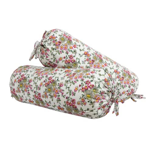 Image of Swayam Set of 2 Cotton Bolster Cover | 30x30 Inch | Soft Breathable Masnad Cover 200TC | Durable & Washable | Floral Print Bolster Cover for Diwan, Bed & Sofa - White