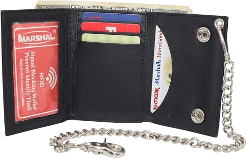 MARSHAL Men's Motorcycle RFID Blocking Trifold Biker Genuine Leather Steel Chain Wallet Snap closure (Motorcycle Blind)2