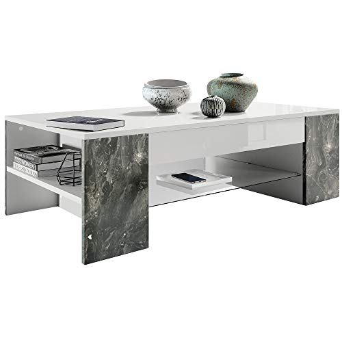 Vladon Table de Salon Clip, Table d’appoint avec 2 Compartiments latéraux et 1 Plaque de Verre, Blanc Mat/Marbre Graphite (118 x 37 x 60 cm)
