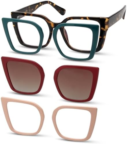 BLUE CUT Blue Light Blocking Glasses for Women – Magnetic Clip On Sunglasses Stylish Eyewear Frame Set with 3 Snap-On Fronts