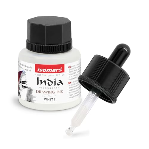Image of Isomars Waterproof Drawing Ink with Dropper - 35ml | White India Ink for Calligraphy, Art, Technical Drawing, Illustration & Airbrush | Fade Resistant, Quick Drying, Permanent Pigmented Waterproof Ink
