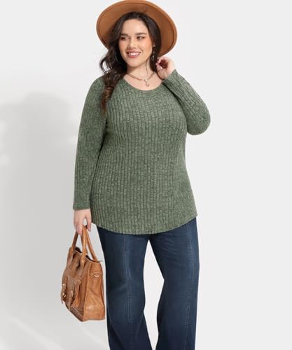 Image of CARCOS Plus Size Tops for Women Long Sleeve Raglan V Neck T Shirts Tunic Fall Blouse Xl-5Xl 14W -28W
